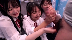 Japanese teen schoolgirl handjob while giving rimjob