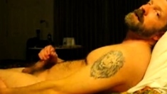 Hairy bear jacking on bed